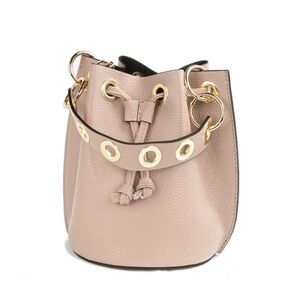 Women's Drawstring Pebbled Leather Bucket Bag in Nude Beige with Gold Chain